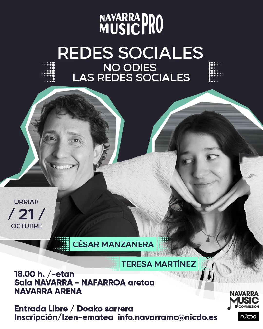 Cartel de la Navarra Music Pro para la formación del 21 de octubre a cargo de César Manzanera y Teresa Martínez.
